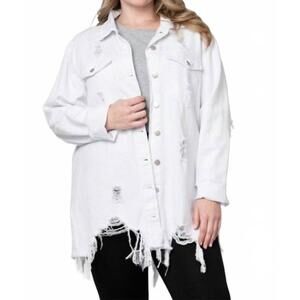 NEW PINE APPAREL distressed denim shacket - plus in white